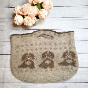 Upcycled Oversized Wool Sweater Purse Bag with Brown Puppy Dog Design